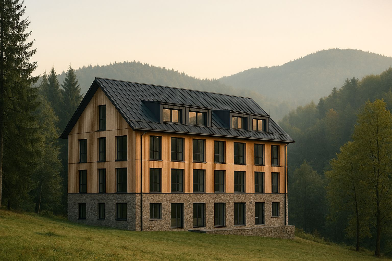 Drewniano-kamienny hotel Prześwit otoczony beskidzkim lasem